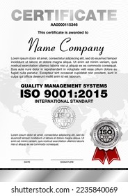 Certificate template with line pattern and silver emblem, ISO 9001 certified, Vector illustration. Certificate template.