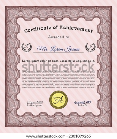 Certificate template.  Lovely design.  With guilloche pattern and background.  Customizable, Easy to edit and change colors.  Red color.