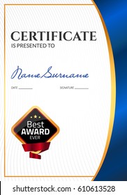 Certificate template luxury award. Vector business diploma with seal stamp. Gift coupon or success achievement.