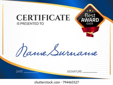 Certificate template luxury award. Vector business diploma with seal stamp. Gift coupon or success achievement.