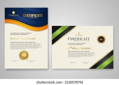 Plantilla de certificado con distintivo de lujo y elegante fondo de patrón moderno. por apreciación, logros, premios, negocios y necesidades educativas. ilustración vectorial