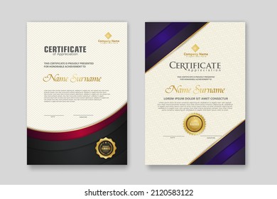 Zertifikatsvorlage mit luxuriösem Abzeichen und elegantem, modernen Musterhintergrund. für die Anerkennung, Errungenschaften, Auszeichnungen, Unternehmen und Bildungsbedarf. Vektorgrafik