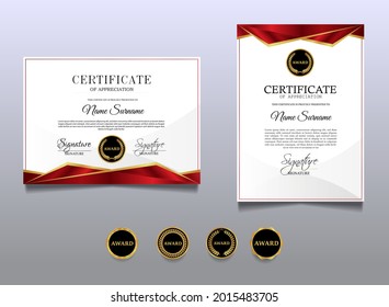 Diseño de lujo de plantillas de certificado con color oro y rojo