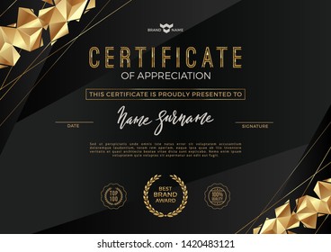 Plantilla de certificado con elementos dorados de lujo. Diseño de plantilla de diploma. Ilustración vectorial.