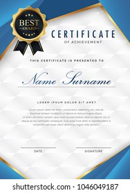 certificate template with luxury and modern pattern, appreciation award 
diploma template of  blue and golden shapes and badge.