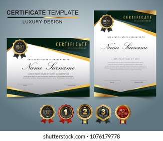 Certificate template with luxury and modern pattern, appreciation award diploma template set of dark green and golden shapes and badge.