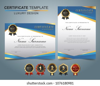 Certificate template with luxury and modern pattern, appreciation award diploma template set of blue and golden shapes and badge.