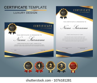 Certificate template with luxury and modern pattern, appreciation award diploma template set of dark blue and golden shapes and badge.