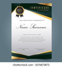 Certificate template with luxury and modern pattern, appreciation award diploma template of dark green and gold color shapes and badge.