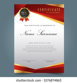 Certificate template with luxury and modern pattern, appreciation award diploma template  red color and golden shapes and badge.
