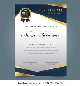 Certificate template with luxury and modern pattern, appreciation award diploma template  of dark blue color and golden shapes and badge.