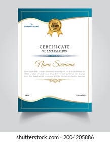 Certificate template with luxury and modern pattern, appreciation award diploma template of blue color and golden shapes and badge