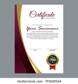 Certificate template with luxury ribbon and modern pattern with red, blue and golden shapes and badge