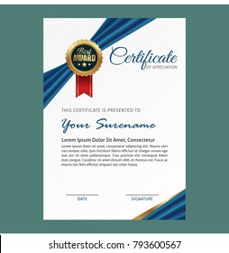 Certificate template with luxury ribbon and modern pattern with red, blue and golden shapes and badge