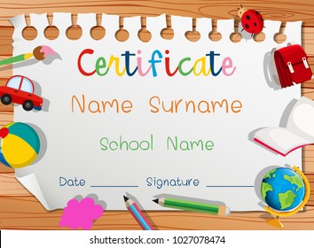 Certificate template with many toys illustration
