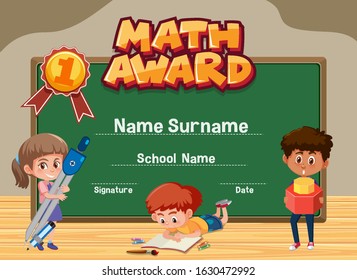Certificate template for math award with kids in classroom background illustration