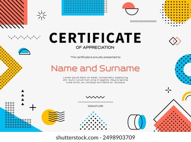 Certificate template with Memphis background for diploma award, vector abstract geometric shapes. Education diploma or appreciation certificate template with Memphis pattern lines and minimal shapes