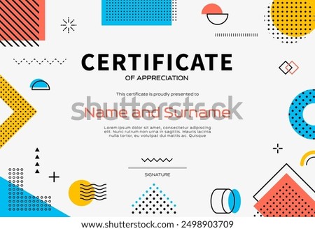 Certificate template with Memphis background for diploma award, vector abstract geometric shapes. Education diploma or appreciation certificate template with Memphis pattern lines and minimal shapes