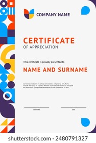 Certificate template with memphis geometric background. Vector stylish vertical diploma with vibrant shapes and colors. Award, recognition frame or official document with spaces for name and signature