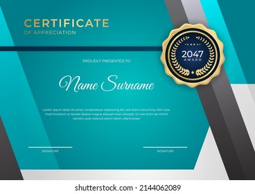 Certificate template with modern elegant corporate, business, education concept needs. Vector illustration, gold badges