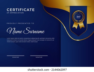 Plantilla de certificado con elegantes y modernas necesidades corporativas, empresariales, de concepto educativo. Ilustración de vectores, insignias de oro