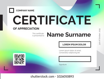Certificate template with modern gradients in abstract style. Vector illustration in violet, blue and green colors for print or web design. Can be used for diploma, coupon, award, winner certificates.