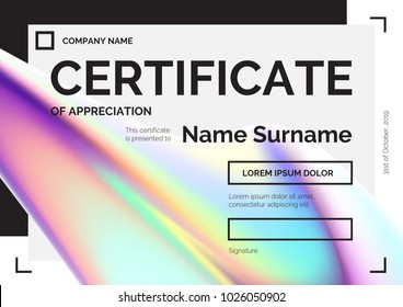Certificate template with modern gradients in abstract style. Vector illustration in holographic colors for print or web design. Can be used for diploma, coupon, award, winner certificates.
