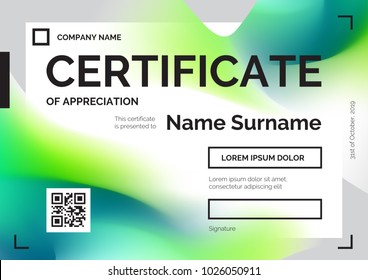 Certificate template with modern gradients in abstract style. Vector illustration in green and blue colors for print or web design. Can be used for diploma, coupon, award, winner certificates.