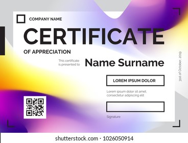 Certificate template with modern gradients in abstract style. Vector illustration in violet and yellow colors for print or web design. Can be used for diploma, coupon, award, winner certificates.