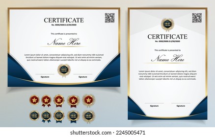 Certificate template modern Luxury using Gold ribbon with Badge editable and Qr Code for formal, award, academic, graduation, bussiness, education, training, honor, diploma, event, course