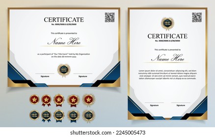 Certificate template modern Luxury using Gold ribbon with Badge editable and Qr Code for formal, award, academic, graduation, bussiness, education, training, honor, diploma, event, course