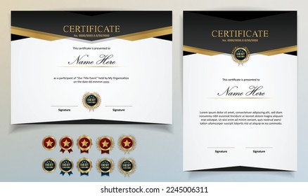 Certificate template modern Luxury using Gold ribbon with Badge editable and Qr Code for formal, award, academic, graduation, bussiness, education, training, honor, diploma, event, course