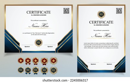 Certificate template modern Luxury using Gold ribbon with Badge editable and Qr Code for formal, award, academic, graduation, bussiness, education, training, honor, diploma, event, course