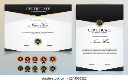 Plantilla de certificado moderno Lujo usando la cinta Gold con la marca editable y el código Qr para formal, premio, académico, graduación, negocios, educación, formación, honor, diploma, evento, curso