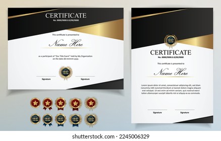 Certificate template modern Luxury using Gold ribbon with Badge editable and Qr Code for formal, award, academic, graduation, bussiness, education, training, honor, diploma, event, course