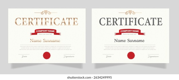 Modelo de Certificado Moderno e ilustração vetorial de luxo. O certificado de conquista é definido com um distintivo de ouro e borda. Atribuir diploma