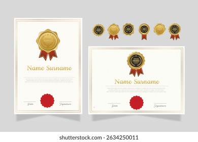 Certificate Template Modern and luxury vector illustration. The certificate of achievement is set with a gold badge and border. Award diploma