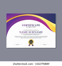 Certificate Template with modern, stylish and trendy design with combination of purple, black, white and gold color