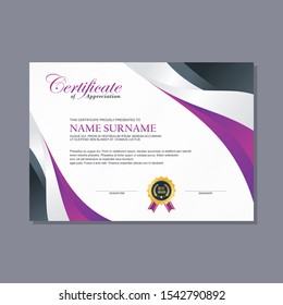 Certificate Template with modern, stylish and trendy design with combination of purple, black, white and gold color