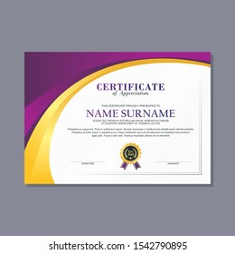 Certificate Template with modern, stylish and trendy design with combination of purple, black, white and gold color