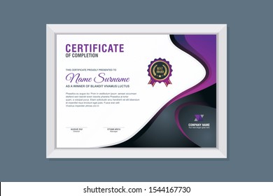 Certificate Template, modern and trendy design, with purple, blue and black combination color, make it appear more professional, elegant and luxury.