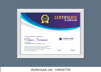 Certificate Template, modern and trendy design, with purple, blue and black combination color, make it appear more professional, elegant and luxury.