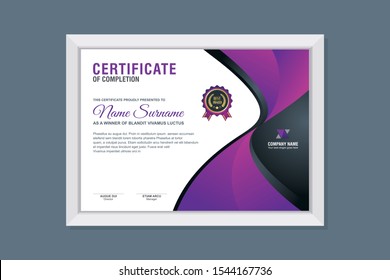 Certificate Template, modern and trendy design, with purple, blue and black combination color, make it appear more professional, elegant and luxury.