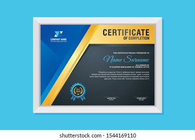 Certificate Template, modern and trendy design, with Blue, gold and black combination color, make it appear more professional, elegant and luxury.