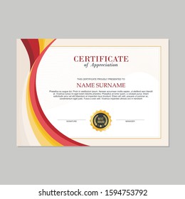 Certificate Template, modern and trendy design, with red, Yellow and white wave style color , make it appear more professional, elegant and luxury