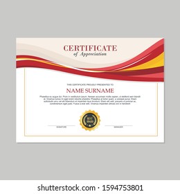 Certificate Template, modern and trendy design, with red, Yellow and white wave style color , make it appear more professional, elegant and luxury