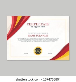 Certificate Template, modern and trendy design, with red, Yellow and white wave style color , make it appear more professional, elegant and luxury