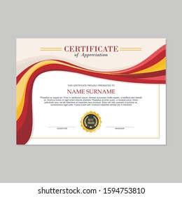 Certificate Template, modern and trendy design, with red, Yellow and white wave style color , make it appear more professional, elegant and luxury