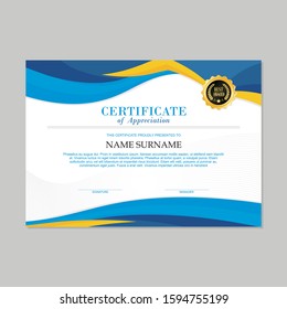 Certificate Template, modern and trendy design, with Blue, Yellow and White wave style color, make it appear more professional, elegant and luxury