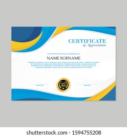 Certificate Template, modern and trendy design, with Blue, Yellow and White wave style color, make it appear more professional, elegant and luxury
